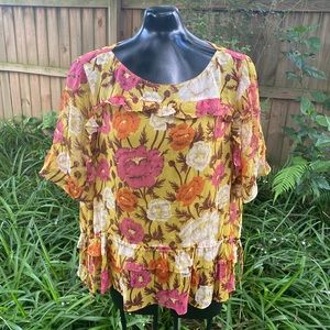 Massimo Dutti Floral Print Ruffled Top Blouse size 10 Sheer short sleeve…
